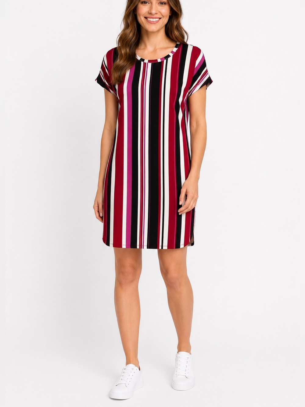 LuLaRoe Marly Dress Small NWT Red Black Pink Stripe T-Shirt Shift Pockets